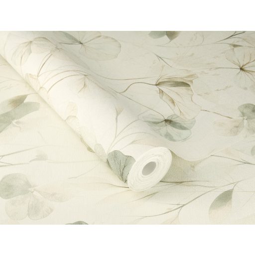 Bohém és romantikus akvarell áttetsző botanikai/virág minta krém/krémfehér zöld/zöldesszürke és bézs tónus tapéta