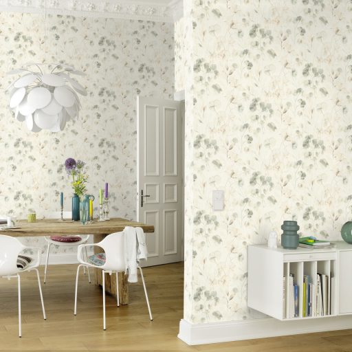 Bohém és romantikus akvarell áttetsző botanikai/virág minta krém/krémfehér zöld/zöldesszürke és bézs tónus tapéta