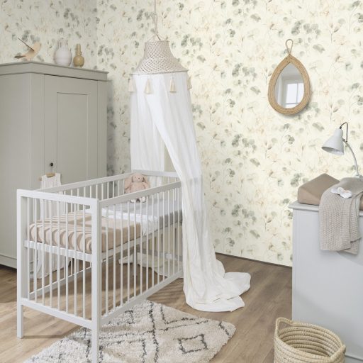 Bohém és romantikus akvarell áttetsző botanikai/virág minta krém/krémfehér zöld/zöldesszürke és bézs tónus tapéta