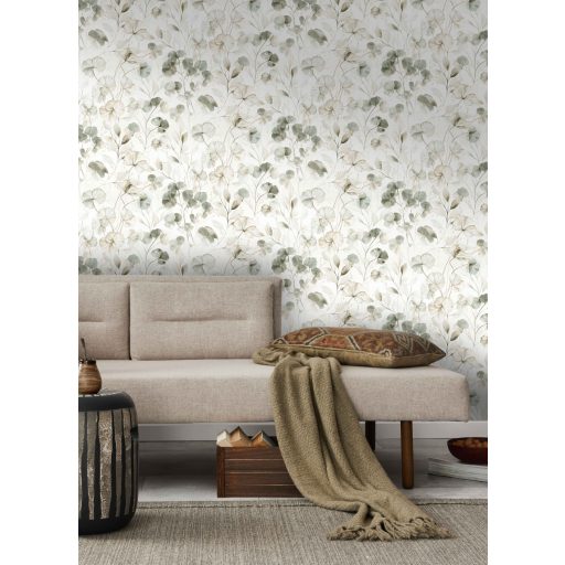 Bohém és romantikus akvarell áttetsző botanikai/virág minta krém/krémfehér zöld/zöldesszürke és bézs tónus tapéta