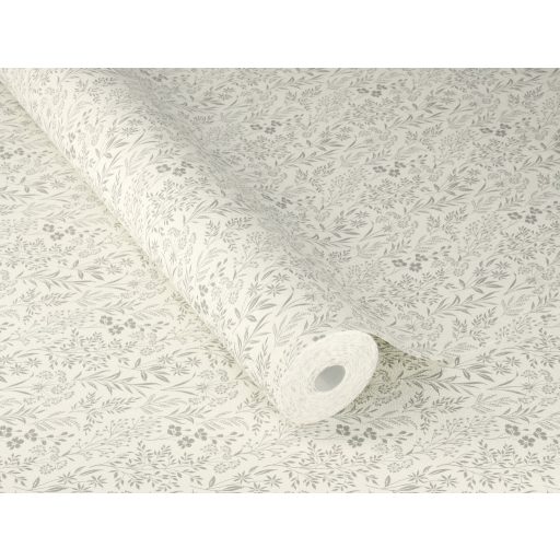 Sűrű mégis légies kompozíció - mikro-botanikus virág és levél rajzolat krémszín szürke szürkészöld és halvány rózsaszín tónus tapéta