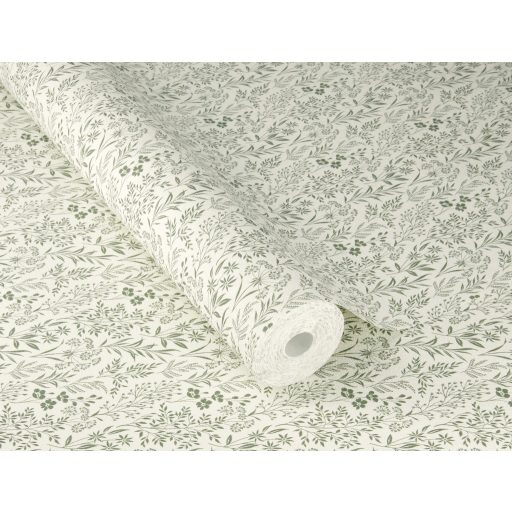 Sűrű mégis légies kompozíció - mikro-botanikus virág és levél rajzolat krémfehér és olívzöld tónus tapéta