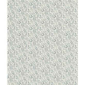   Sűrű mégis légies kompozíció - mikro-botanikus virág és levél rajzolat krémfehér és porcelánkék/acélkék tónus tapéta