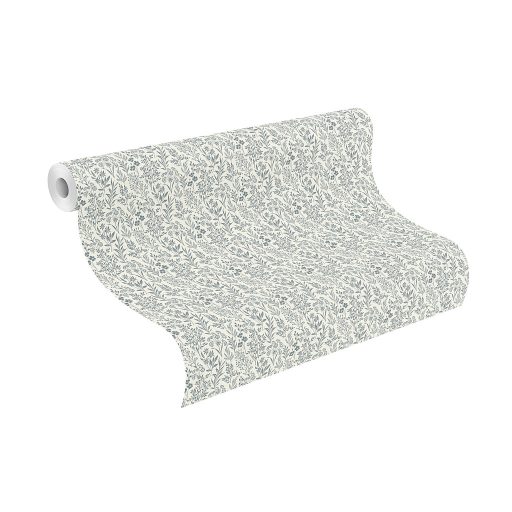 Sűrű mégis légies kompozíció - mikro-botanikus virág és levél rajzolat krémfehér és porcelánkék/acélkék tónus tapéta