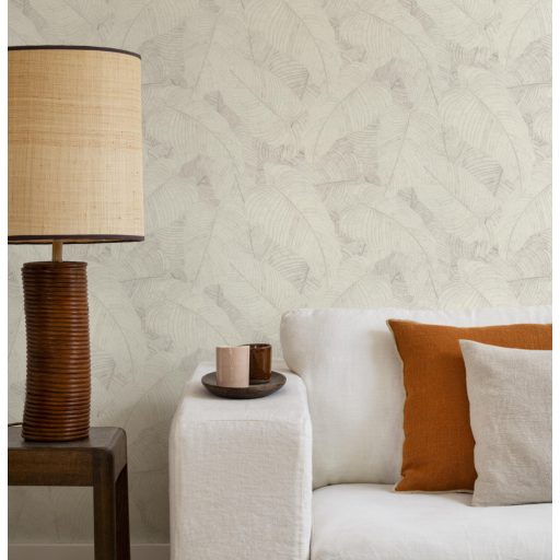 Háromdimenziós hatású dekoratív levél design gyöngyház és világosszürke tónus finom csillogás tapéta