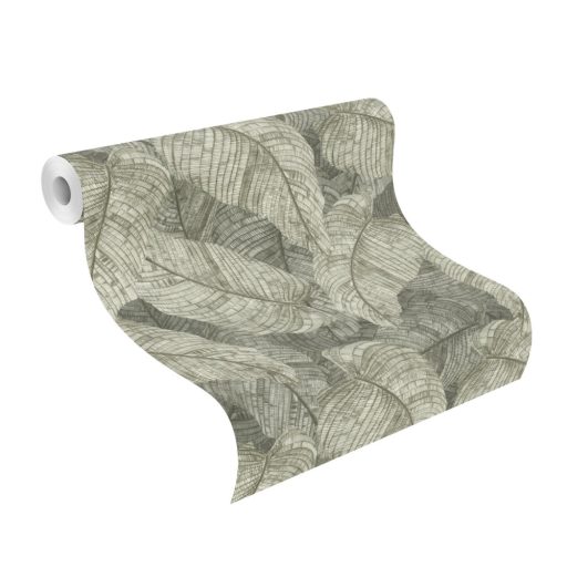 Háromdimenziós hatású dekoratív levél design gyöngyházfehér zöld és szürkészöld tónus finom csillogás tapéta