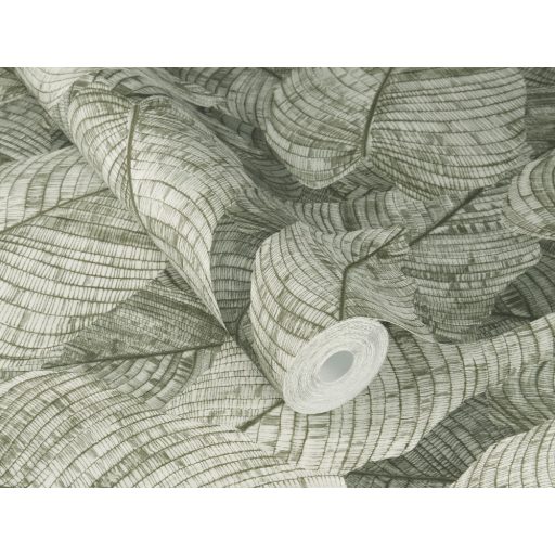 Háromdimenziós hatású dekoratív levél design gyöngyházfehér zöld és szürkészöld tónus finom csillogás tapéta