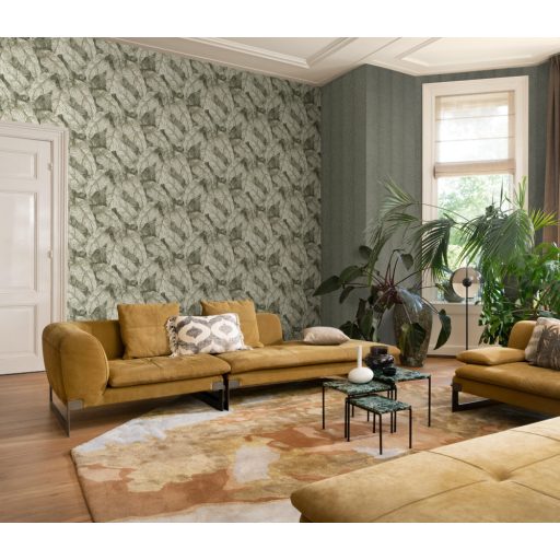 Háromdimenziós hatású dekoratív levél design gyöngyházfehér zöld és szürkészöld tónus finom csillogás tapéta