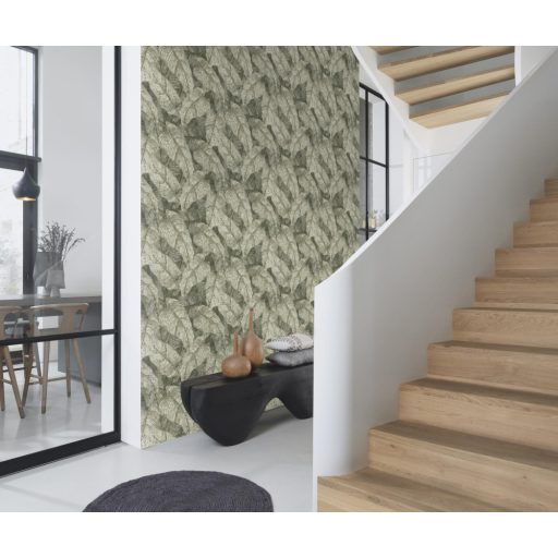 Háromdimenziós hatású dekoratív levél design gyöngyházfehér zöld és szürkészöld tónus finom csillogás tapéta