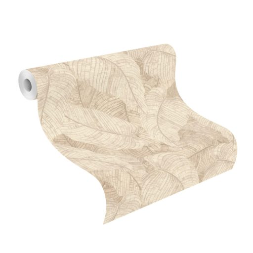 Háromdimenziós hatású dekoratív levél design homokszín és kagylóbarna tónus finom csillogás tapéta