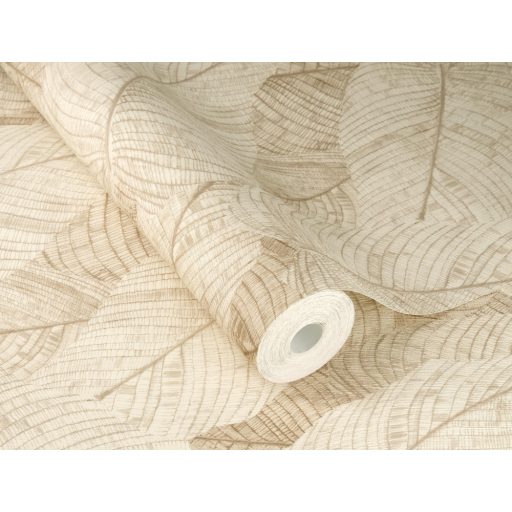 Háromdimenziós hatású dekoratív levél design homokszín és kagylóbarna tónus finom csillogás tapéta