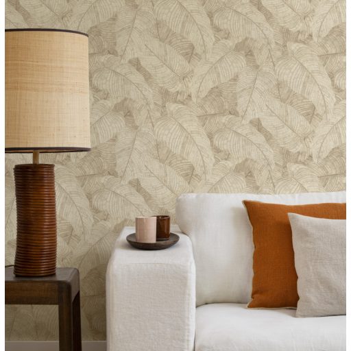 Háromdimenziós hatású dekoratív levél design homokszín és kagylóbarna tónus finom csillogás tapéta