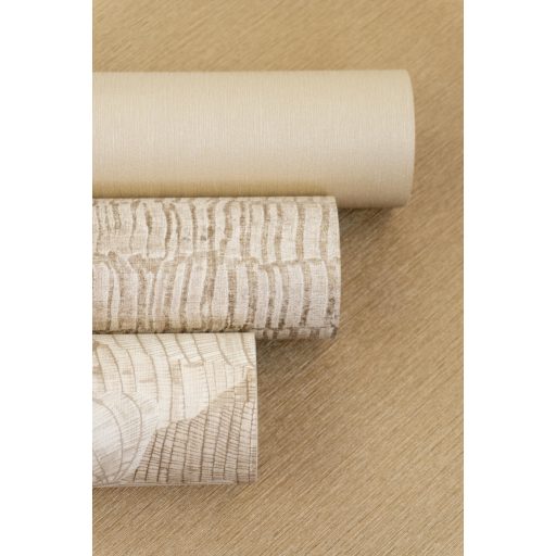 Háromdimenziós hatású dekoratív levél design homokszín és kagylóbarna tónus finom csillogás tapéta