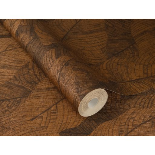 Háromdimenziós hatású dekoratív levél design vörösesbarna/bronzbarna és antracit tónus finom csillogás tapéta