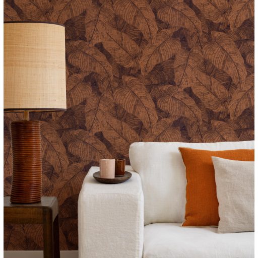 Háromdimenziós hatású dekoratív levél design vörösesbarna/bronzbarna és antracit tónus finom csillogás tapéta