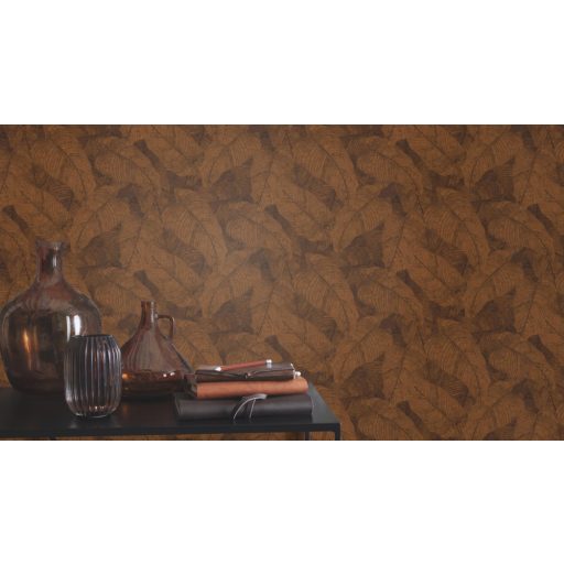 Háromdimenziós hatású dekoratív levél design vörösesbarna/bronzbarna és antracit tónus finom csillogás tapéta