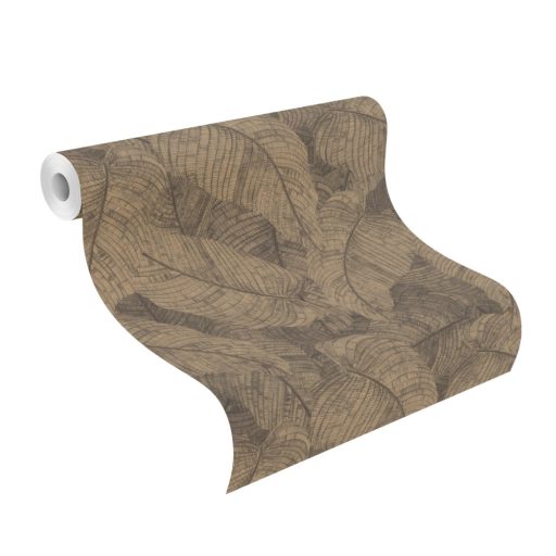 Háromdimenziós hatású dekoratív levél design világos rézszín szürke szürkésbarna és antracit tónus finom csillogás tapéta