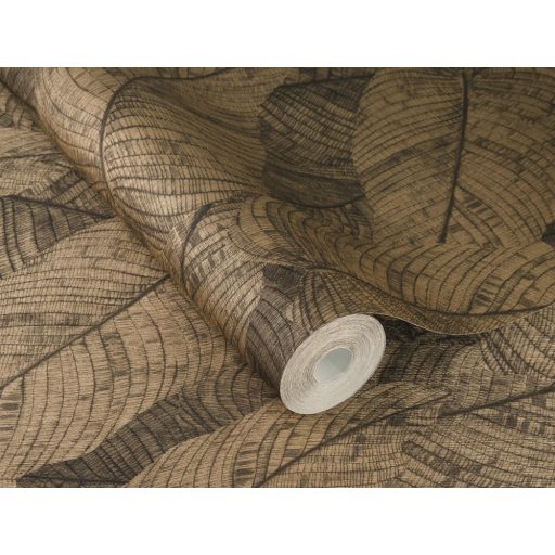 Háromdimenziós hatású dekoratív levél design világos rézszín szürke szürkésbarna és antracit tónus finom csillogás tapéta