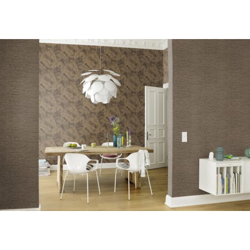 Háromdimenziós hatású dekoratív levél design világos rézszín szürke szürkésbarna és antracit tónus finom csillogás tapéta