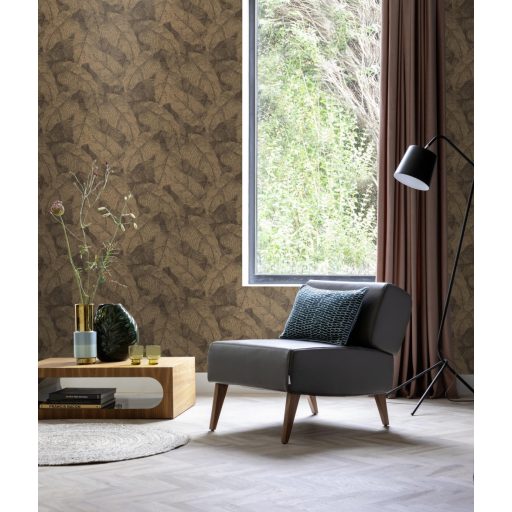 Háromdimenziós hatású dekoratív levél design világos rézszín szürke szürkésbarna és antracit tónus finom csillogás tapéta