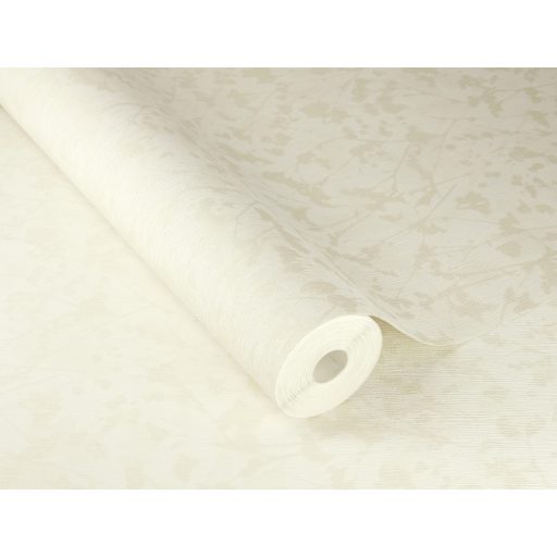 Bájos virágos design a háttérből felsejlő ágakkal krémfehér és világosbézs tónus finom fémes csillogás tapéta