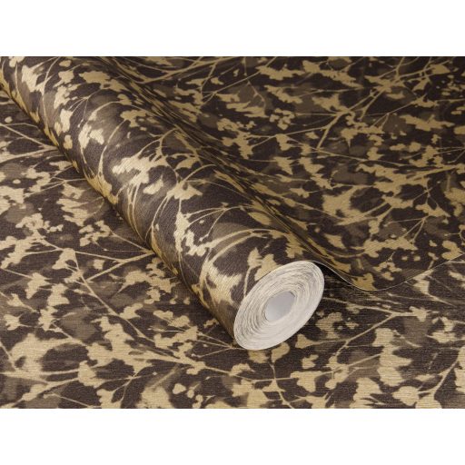 Bájos virágos design a háttérből felsejlő ágakkal sötétszürke/antracit szürkésbarna és világos rézszín tónus finom fémes csillogás tapéta