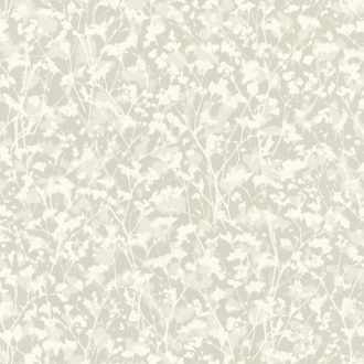   Bájos virágos design a háttérből felsejlő ágakkal világosszürke szürke és fehér tónus finom fémes csillogás tapéta