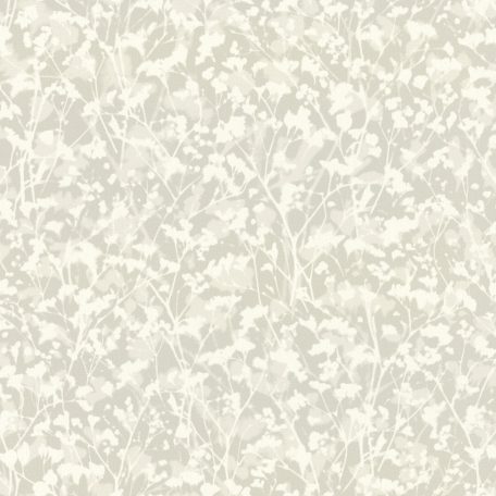Bájos virágos design a háttérből felsejlő ágakkal világosszürke szürke és fehér tónus finom fémes csillogás tapéta
