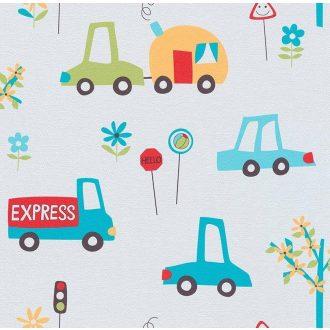   Gyerekszobai autós és járművek változatos mintázata fehér türkiz zöld narancs és piros tónus tapéta