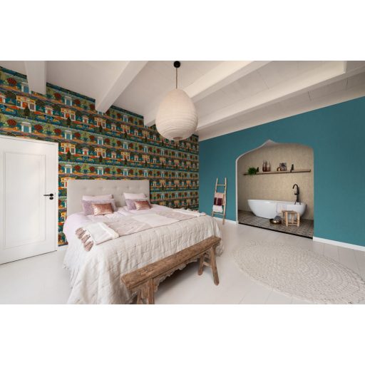 Természetes és otthonos textil struktúrájú minta nagyvonalú türkizkék tónus tapéta