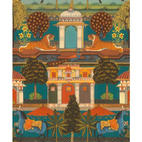 A maharadzsa pompás palotája és impozáns kertje sárga piros kék zöld barna és a festékpaletta még több árnyalata tapéta