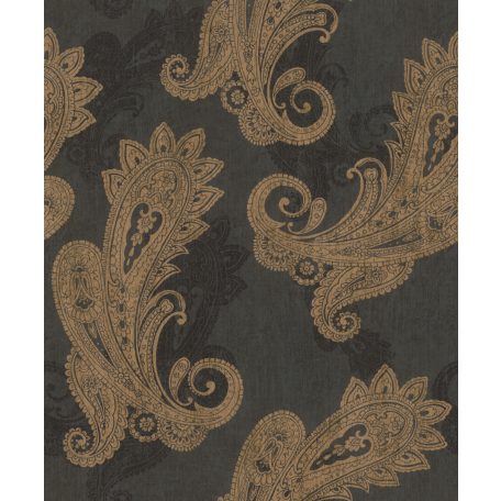 Kifinomult és otthonos Paisley minta antracit finom csillogású textilháttér csillogó arany és matt fekete tapéta