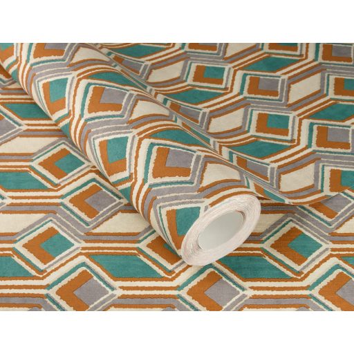 Rombuszok és négyzetek impozáns geometriai 3D faldísze világosbézs textil háttéren narancs óceánzöld és betonszürke tapéta