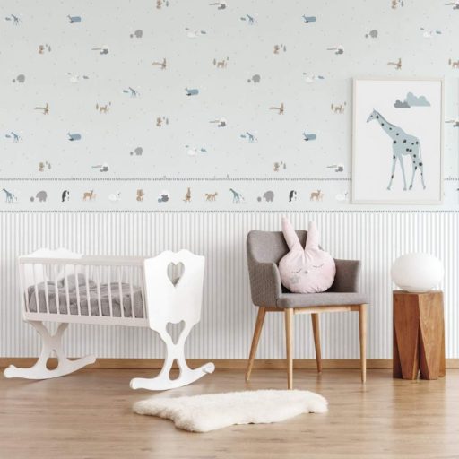 ICH Noa 7504-1 FAMILY BLUE Gyerekszobai állatsereglet bézs fehér kék fekete öntapadós bordűr