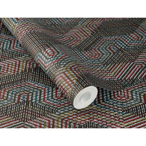 Természetes Etno geometrikus textil - bonyolult hímzés fantasztikus minta fekete világosszürke piros sárga és kék tapéta