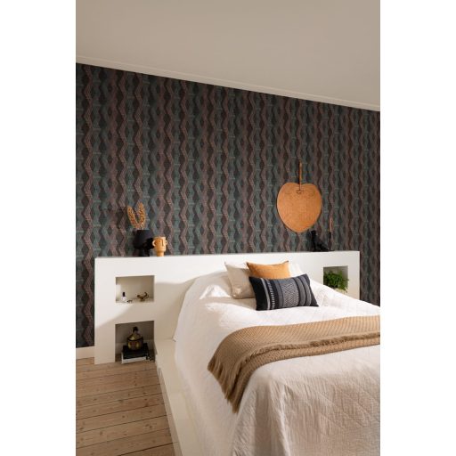 Természetes Etno geometrikus textil - bonyolult hímzés fantasztikus minta fekete világosszürke piros sárga és kék tapéta