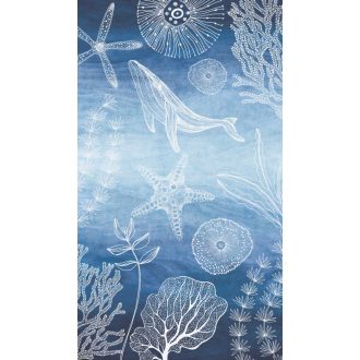   Bámulatos tengeri vizivilág! Bálna tengeri csillagok korallok és medúzák kompozíciója kék/tengerkék és fehér tónus gyerekszobai falpanel