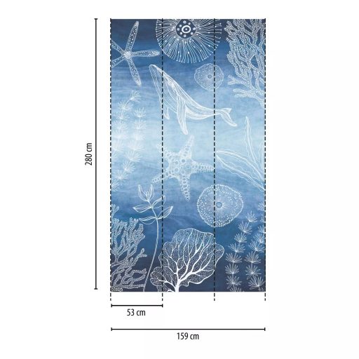 Bámulatos tengeri vizivilág! Bálna tengeri csillagok korallok és medúzák kompozíciója kék/tengerkék és fehér tónus gyerekszobai falpanel