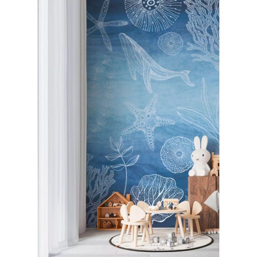 Bámulatos tengeri vizivilág! Bálna tengeri csillagok korallok és medúzák kompozíciója kék/tengerkék és fehér tónus gyerekszobai falpanel