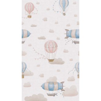   "Felhőtlen" utazás léghajókkal és Zeppelinnel a felhők között panoráma krém bézs kék és rózsaszín tónus gyerekszobai falpanel