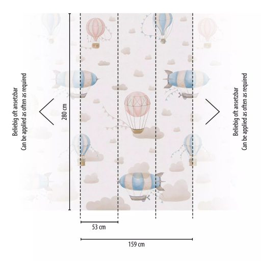 "Felhőtlen" utazás léghajókkal és Zeppelinnel a felhők között panoráma krém bézs kék és rózsaszín tónus gyerekszobai falpanel