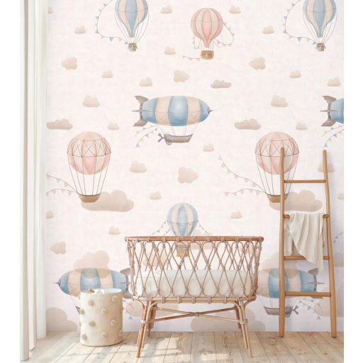 "Felhőtlen" utazás léghajókkal és Zeppelinnel a felhők között panoráma krém bézs kék és rózsaszín tónus gyerekszobai falpanel