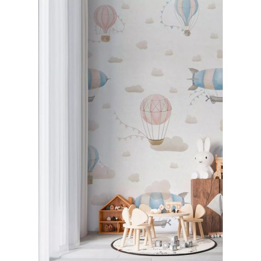 "Felhőtlen" utazás léghajókkal és Zeppelinnel a felhők között panoráma krém bézs kék és rózsaszín tónus gyerekszobai falpanel