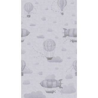   "Felhőtlen" utazás léghajókkal és Zeppelinnel a felhők között panoráma szürkésfehér világosszürke és szürke tónus gyerekszobai falpanel