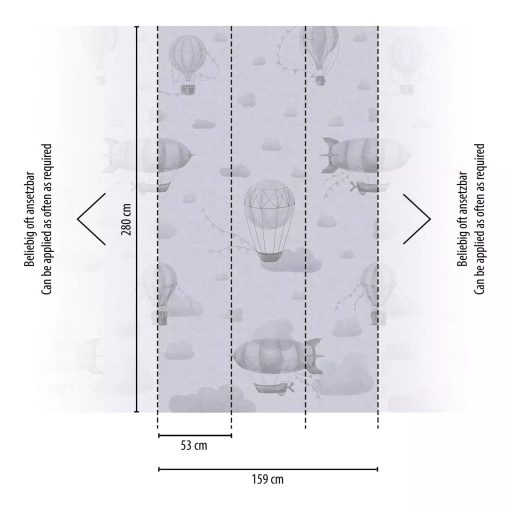 "Felhőtlen" utazás léghajókkal és Zeppelinnel a felhők között panoráma szürkésfehér világosszürke és szürke tónus gyerekszobai falpanel