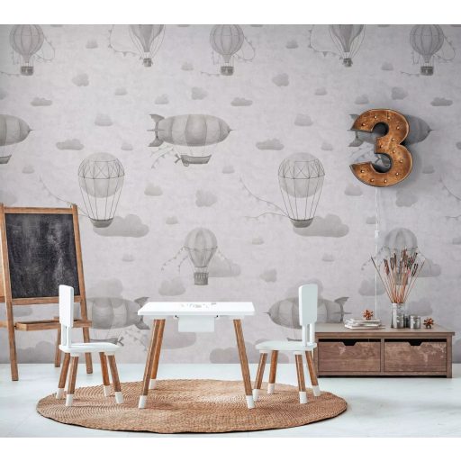 "Felhőtlen" utazás léghajókkal és Zeppelinnel a felhők között panoráma szürkésfehér világosszürke és szürke tónus gyerekszobai falpanel