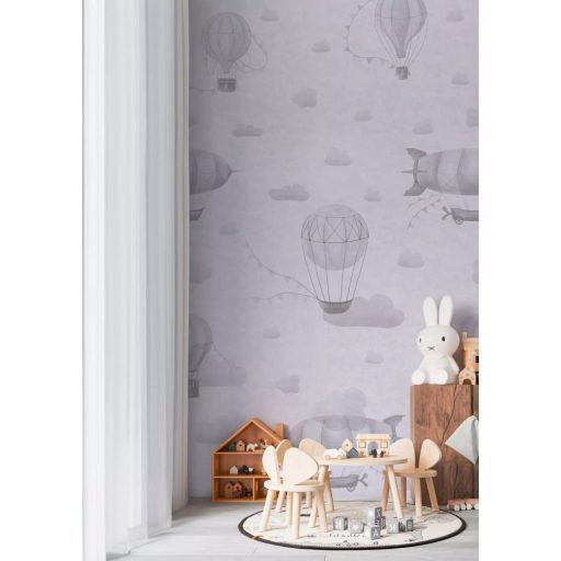 "Felhőtlen" utazás léghajókkal és Zeppelinnel a felhők között panoráma szürkésfehér világosszürke és szürke tónus gyerekszobai falpanel