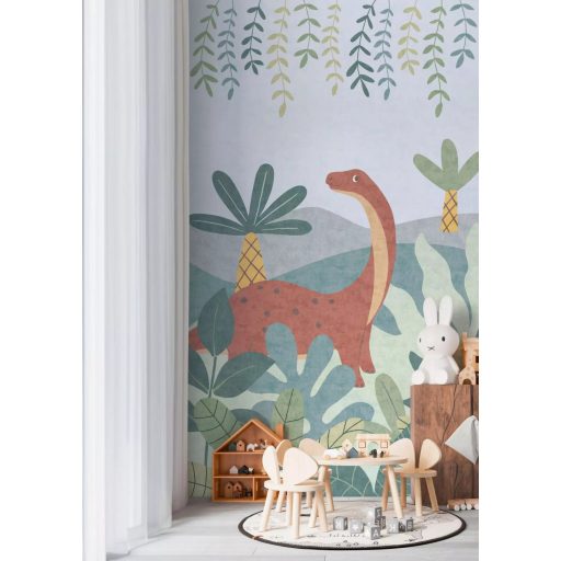 Barátságos növényevő dinoszaurusz trópusi környzetben panoráma törtfehér kék zöld sárga és vörös tónus gyerekszobai falpanel