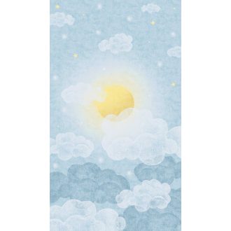   Felhőkön áttörő melengető napsugár minden napszakban panoráma fehér kék/felhőkék és napsárga tónus gyerekszobai falpanel