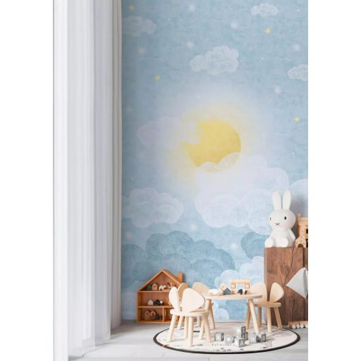Felhőkön áttörő melengető napsugár minden napszakban panoráma fehér kék/felhőkék és napsárga tónus gyerekszobai falpanel